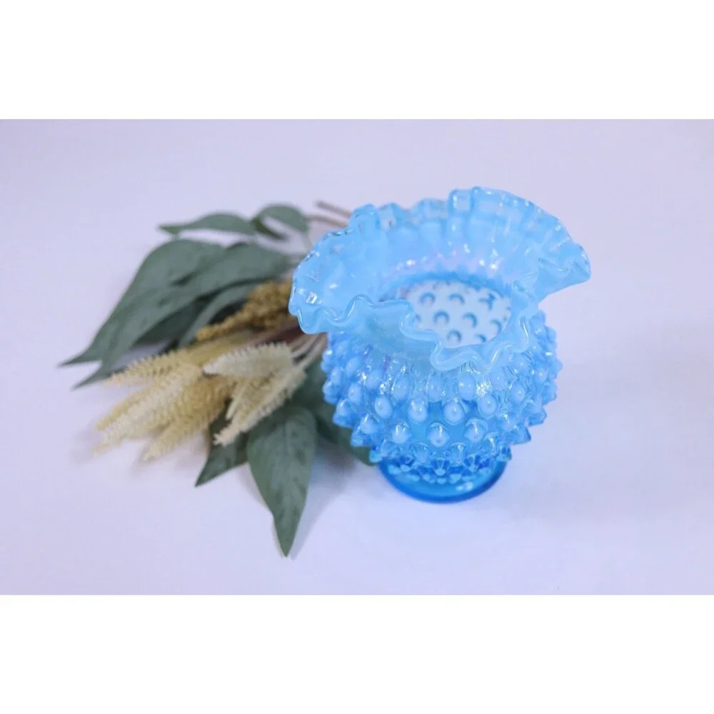 Vintage Fenton Opalescent Hobnail Ruffled Vase Light Turquoise 4.5”